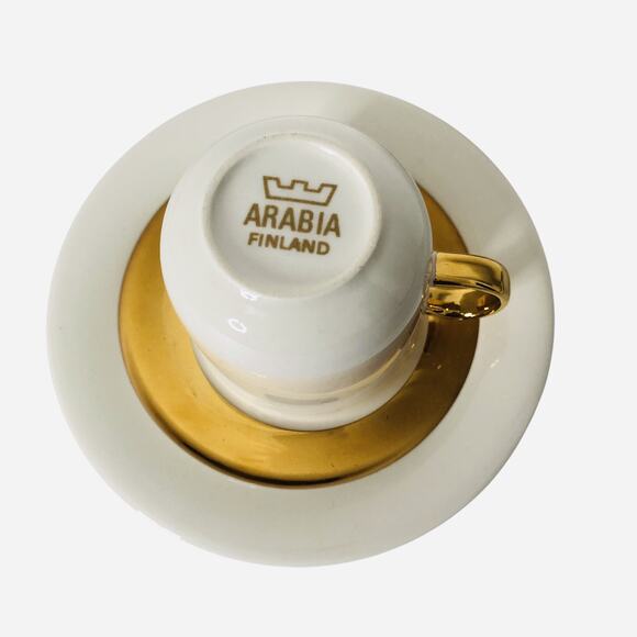 Vintage Arabia Finland Espresso Demitasse Cup Saucer White Gold Gilt Trim Set 2 - Picture 4 of 8